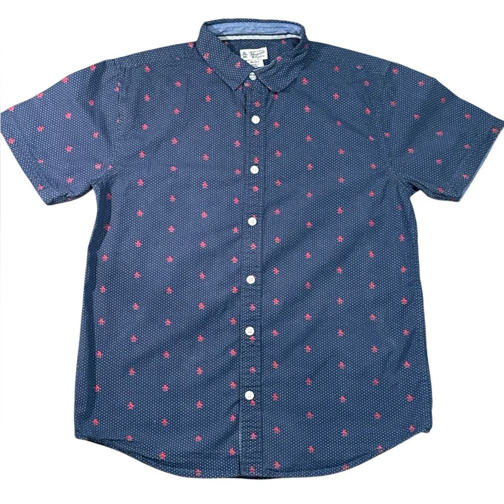 The Original Penguin Big Boys Storm Navy Button-Up Shirt‎ Red Penguins 14/16Y